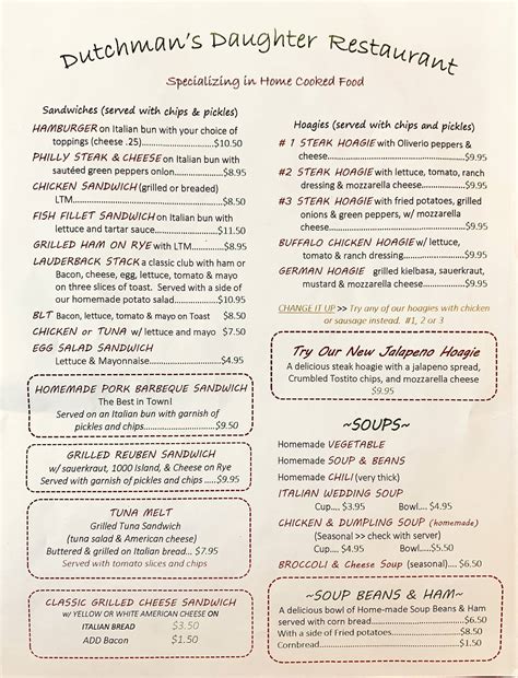 Dutchman's daughter restaurant menu …$20 